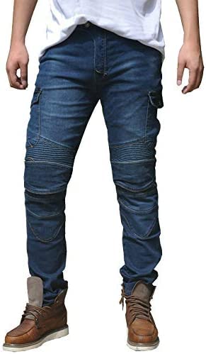 Uomini Pantaloni da Motociclismo per Pantaloni da Corsa di Motocross con Pantaloni Anti Caduta, Jeans da Moto, 4 x Equipaggiamento di protezione (XL=34W / 32L, Blu)