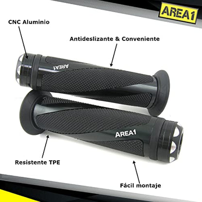 Area1 Empuñaduras Universales para Manillar de Motocicleta, 22+24mm, Punos para Scooter Agarraderas Moto 7/8", Antideslizantes, Coil Negro, compatible con BMW KTM Honda Yamaha KSR Aprila Kawasaki