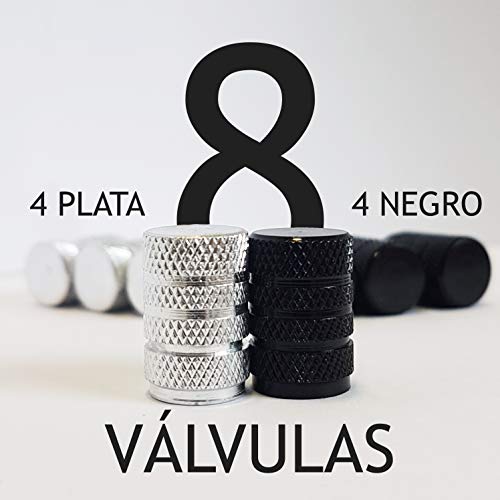 8X Tapones Deportivos Ligeros para la Rueda del Coche, Moto, Bicicleta o patín, en Aluminio Texturizado con Anillo de Sellado. (Negro y Plata)