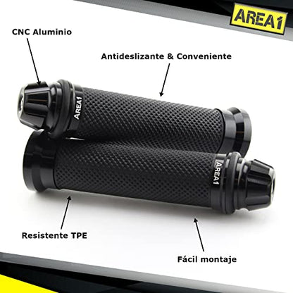 Area1 Empuñaduras Universales para Manillar de Motocicleta, 22+24mm, Punos para Scooter Agarraderas Moto 7/8", Antideslizantes, Dome Negro, compatible con BMW KTM Honda Yamaha KSR Aprila Kawasaki