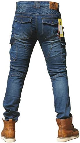 Uomini Pantaloni da Motociclismo per Pantaloni da Corsa di Motocross con Pantaloni Anti Caduta, Jeans da Moto, 4 x Equipaggiamento di protezione (XL=34W / 32L, Blu)