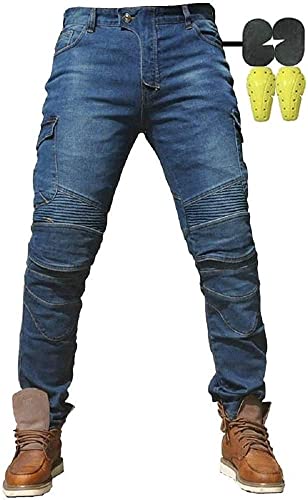 Men's Motorcycle Pants for Racing Motocross with Anti-Fall Pants, Motorcycle Jeans, 4 x Protective Gear (XL=34W / 32L, Blue)