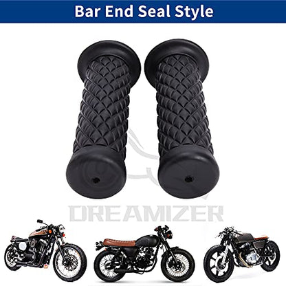 DREAMIZER Hand Grips for 7/8" 22mm Motorcycle, Non-Slip, Rubber Handlebar Grips for Cafe Racer Bobber Dirt Bike (Bar End Seal: Black)