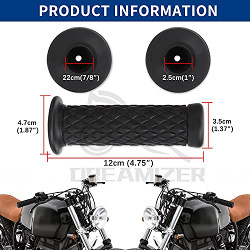 DREAMIZER Agafadors de Mà per Moto de 7/8" 22mm, Antilliscants, Goma Punys de Manillar per Moto Cafe Racer Bobber Dirt Bike (Segell d'Extrem de Barra: Negre)