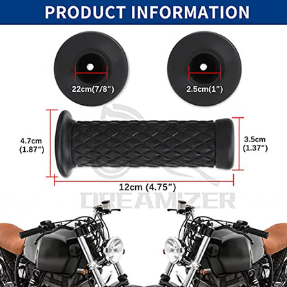 DREAMIZER Poignées de Main pour Moto de 7/8" 22mm, Antidérapantes, Caoutchouc Poignées de Guidon pour Moto Cafe Racer Bobber Dirt Bike (Bouchon d'Extrémité de Guidon : Noir)