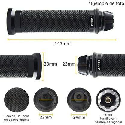 Area1 Empuñaduras Universales para Manillar de Motocicleta, 22+24mm, Punos para Scooter Agarraderas Moto 7/8", Antideslizantes, Dome Negro, compatible con BMW KTM Honda Yamaha KSR Aprila Kawasaki