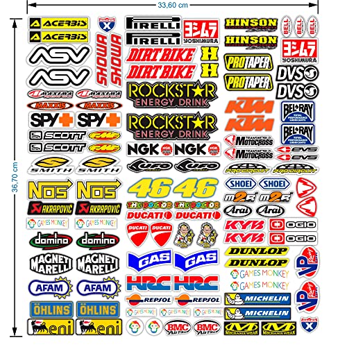 MAS DI VITALE MARIA ditta individuale Pegatinas Moto Patrocinadores 113 Pcs Sticker Gráficos motocrós MTB Ordenador Vespa Kit Modelo Vinyl Brillo Paquete de Marcas Famosas (36x33 cm)