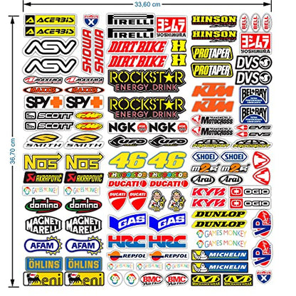 MAS DI VITALE MARIA ditta individuale Pegatinas Moto Patrocinadores 113 Pcs Sticker Gráficos motocrós MTB Ordenador Vespa Kit Modelo Vinyl Brillo Paquete de Marcas Famosas (36x33 cm)